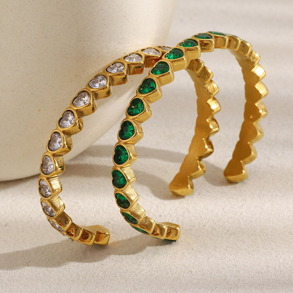 Luxury Heart Zircon Stainless Steel Waterproof Gold Color Cuff Bracelet
