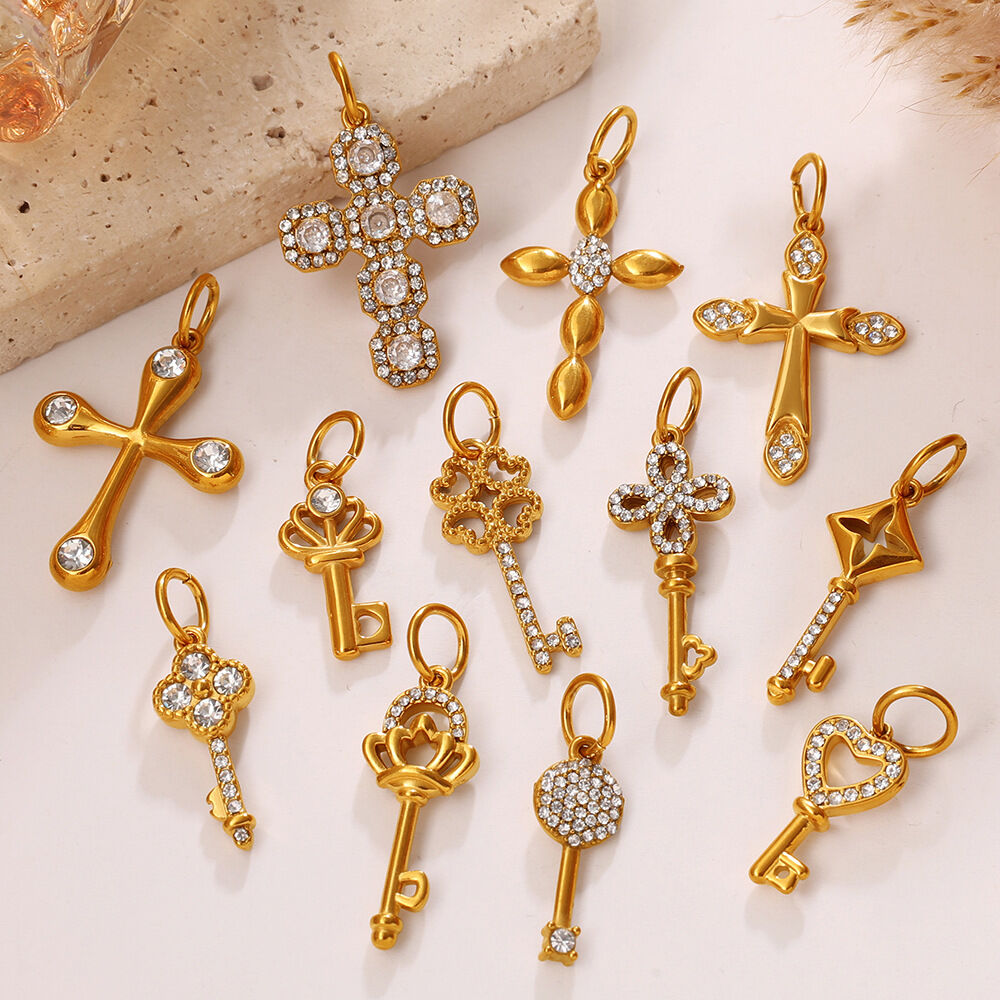 Simple Series Daily Cross Stainless Steel Waterproof   Gold Color  Rhinestone Unisex Pendants