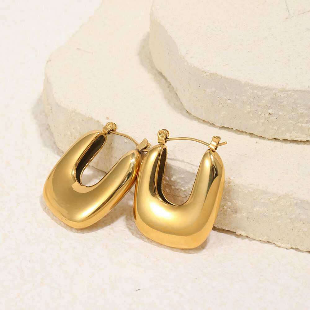 U-Shape Stainless Steel Waterproof Gold Color Hoop Earrings