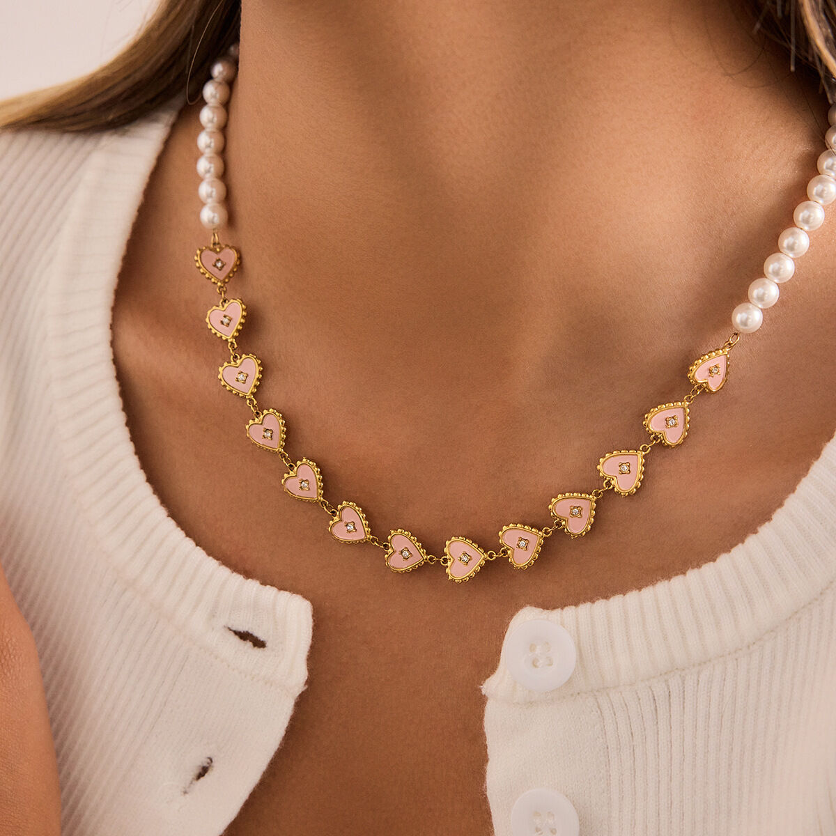 Charmante roze hartvormige kralenketting voor dames, gemaakt van roestvrij staal, waterdicht en aanslagbestendig, in goudkleur. h5 Afbeelding5