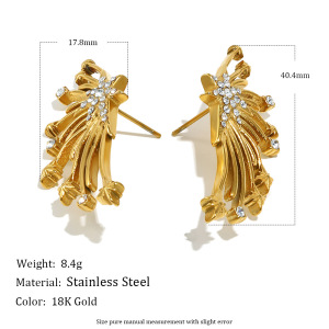 Wings Shape Stainless Steel Waterproof Zircon Gold Color Stud Earrings h5 Picture2