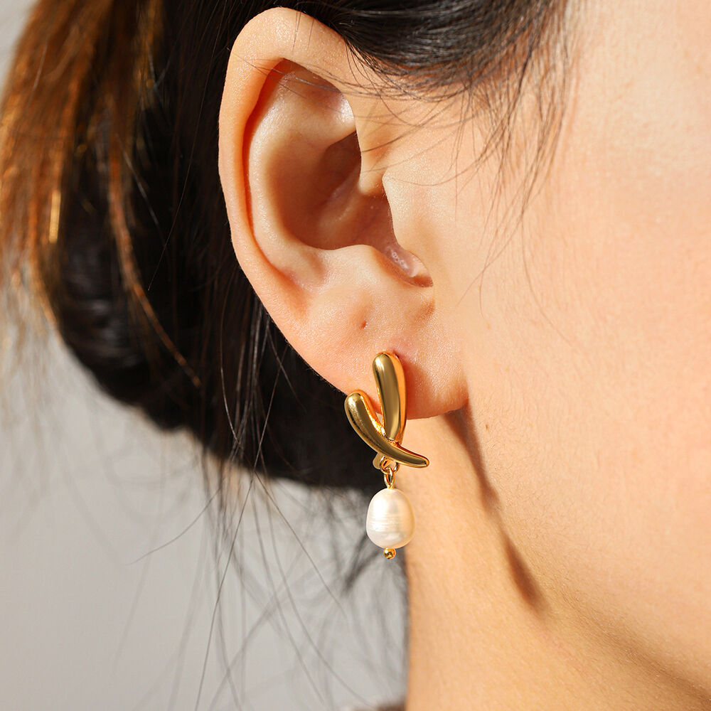 Heart Star Stainless Steel Waterproof Gold Color Pearl Drop Earrings h5Picture4