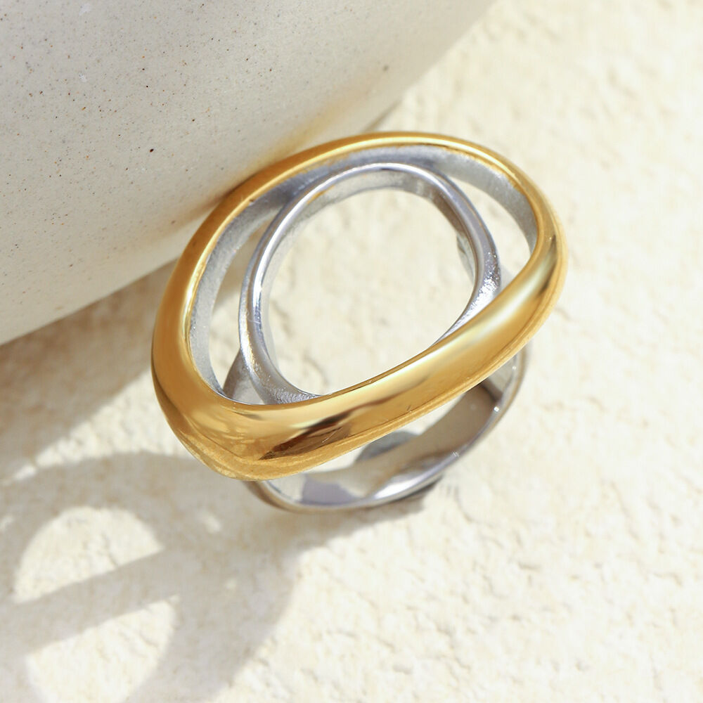 Ellipse Shape Gold and Silver Color Stainless Steel Waterproof Statement Ring h5 Picture2