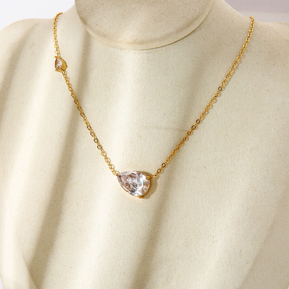 Simple  Elegant Droplet Stainless Steel Waterproof   Gold Color  Zircon Women's Chain Necklaces h5 Picture3