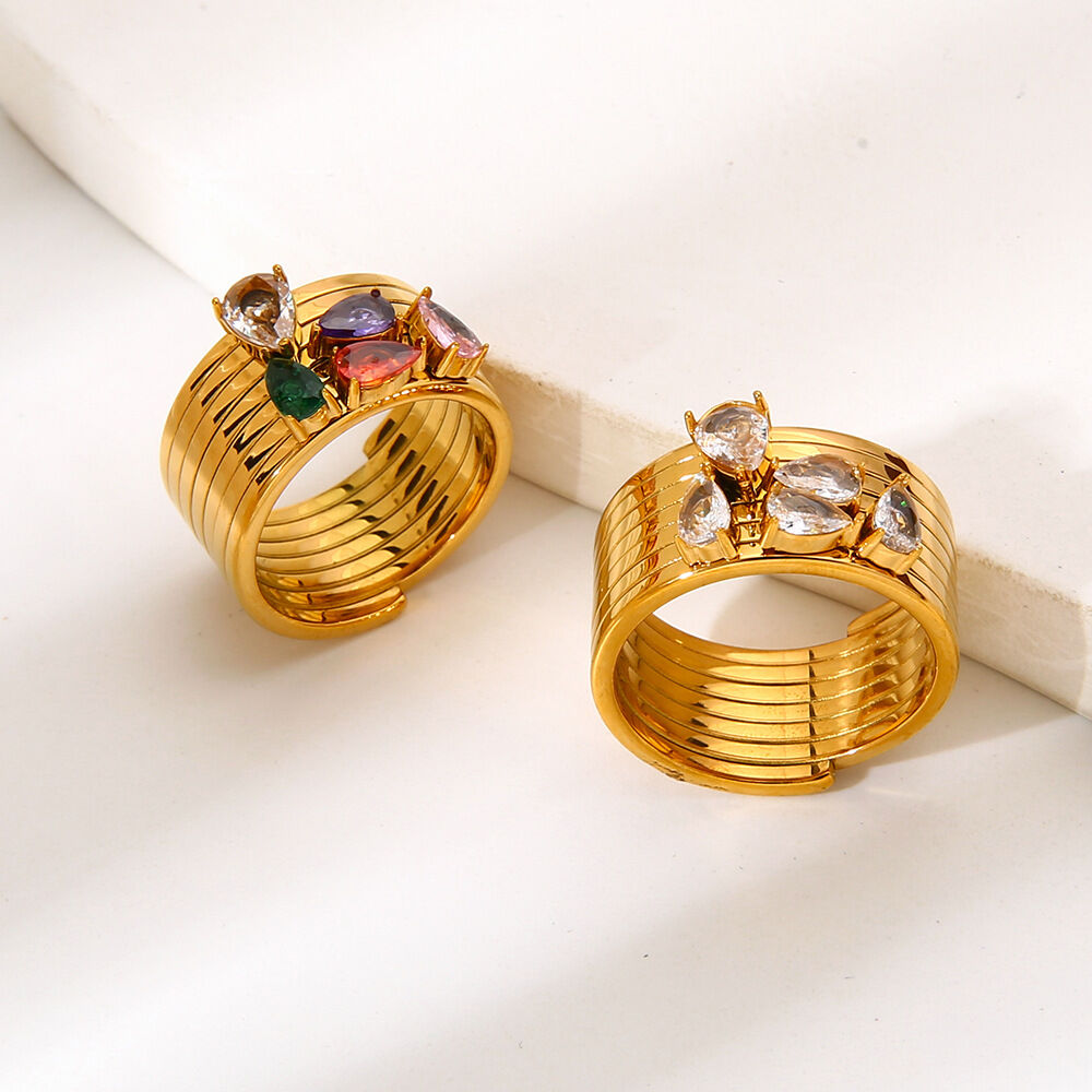 Luxurious Series Elegant Droplet Stainless Steel Waterproof Gold Color Zircon Statement Rings h5 Picture2