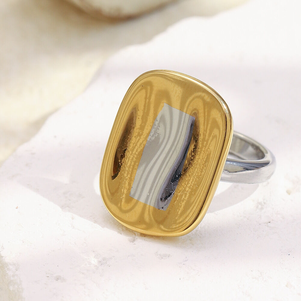 Square Shape Gold And Silver Color Stainless Steel Waterproof Statement Ring