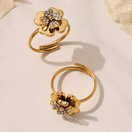 Classic Clover Stainless Steel Gold Color Zircon Waterproof&Anti-tarnish Women's Jewelry Sets
