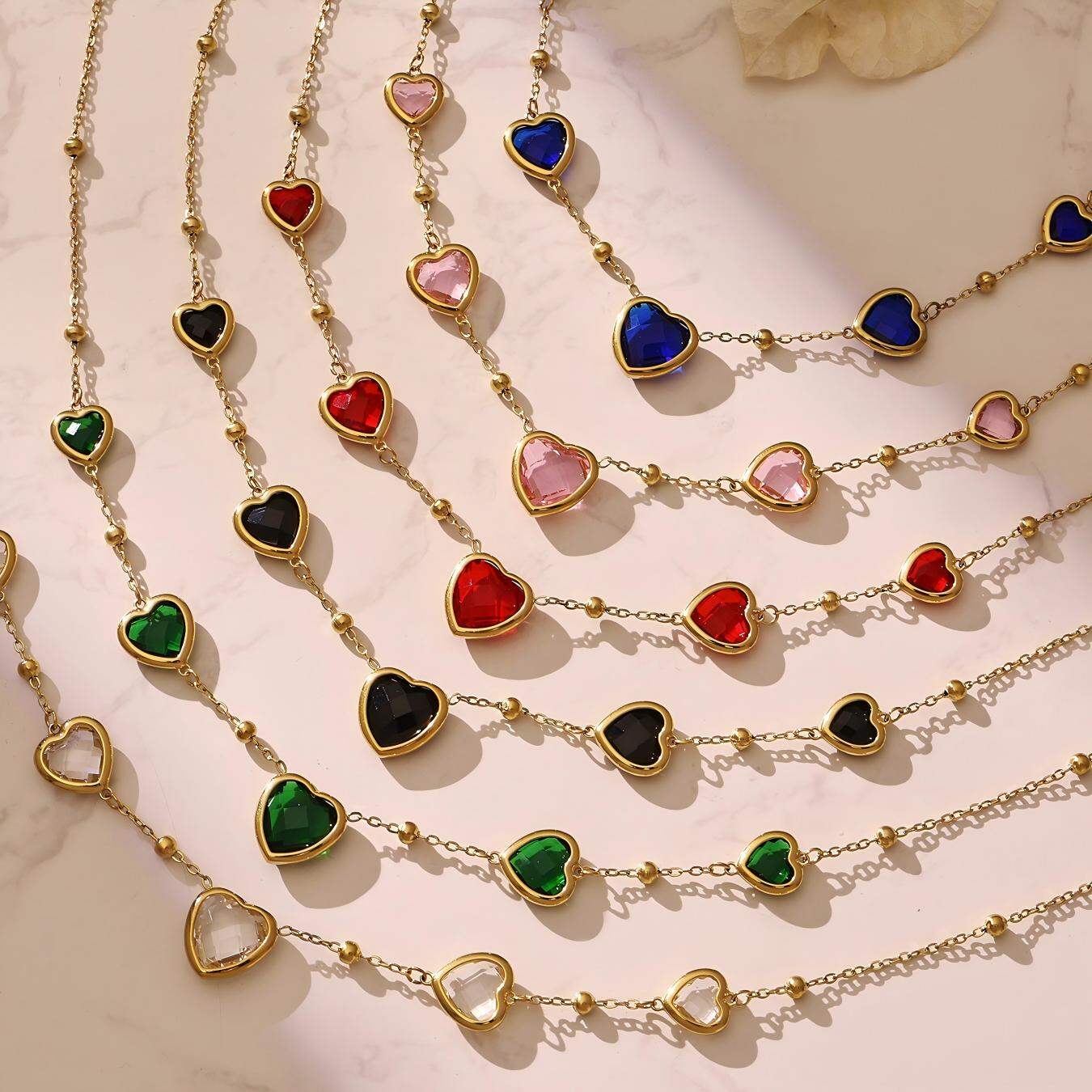 Romantic Glass Heart Stainless Steel Waterproof&Anti-tarnish Gold Color Women's Jewelry Sets h5 Picture6