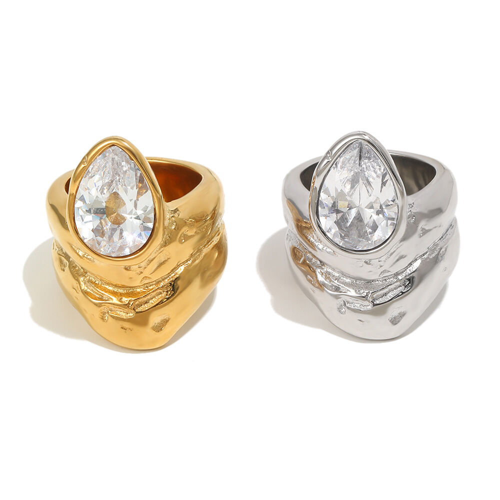 Waterdrop-shaped Zircon Stainless Steel Waterproof Ring h5 Picture3