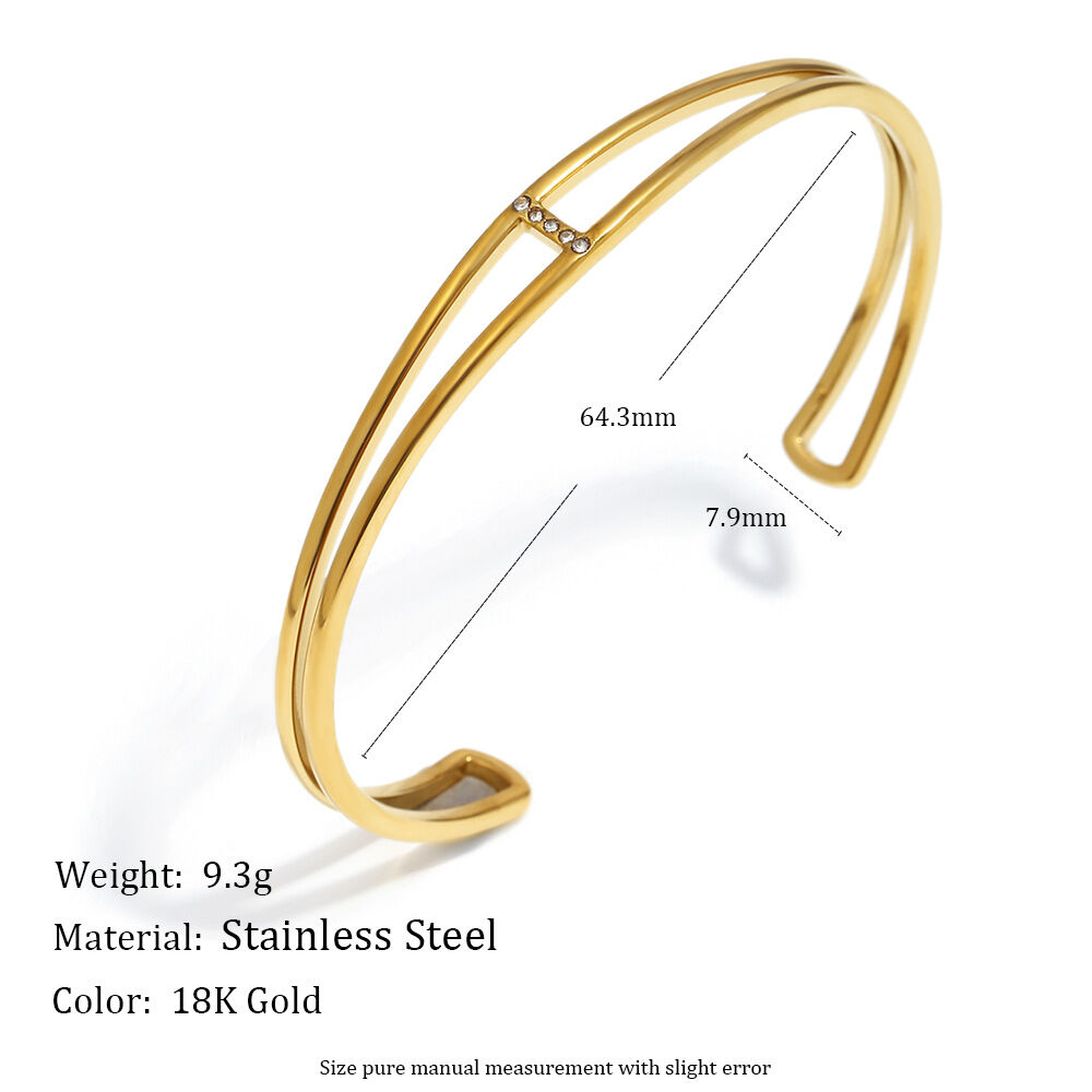 Double-layered Line Shape Stainless Steel Waterproof Gold Color Cuff Bracelet