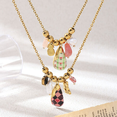 Plaid Pattern Stainless Steel Waterproof Gold Color Pendant Necklace