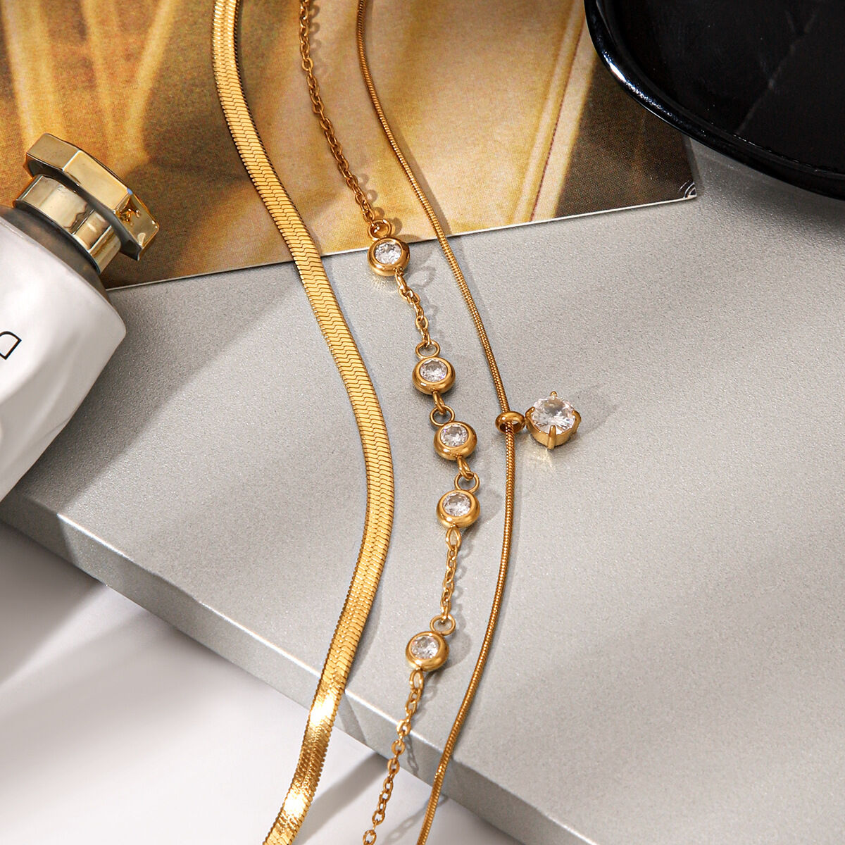 Stainless Steel Waterproof Gold Color Zircon Layered Necklace Picture4