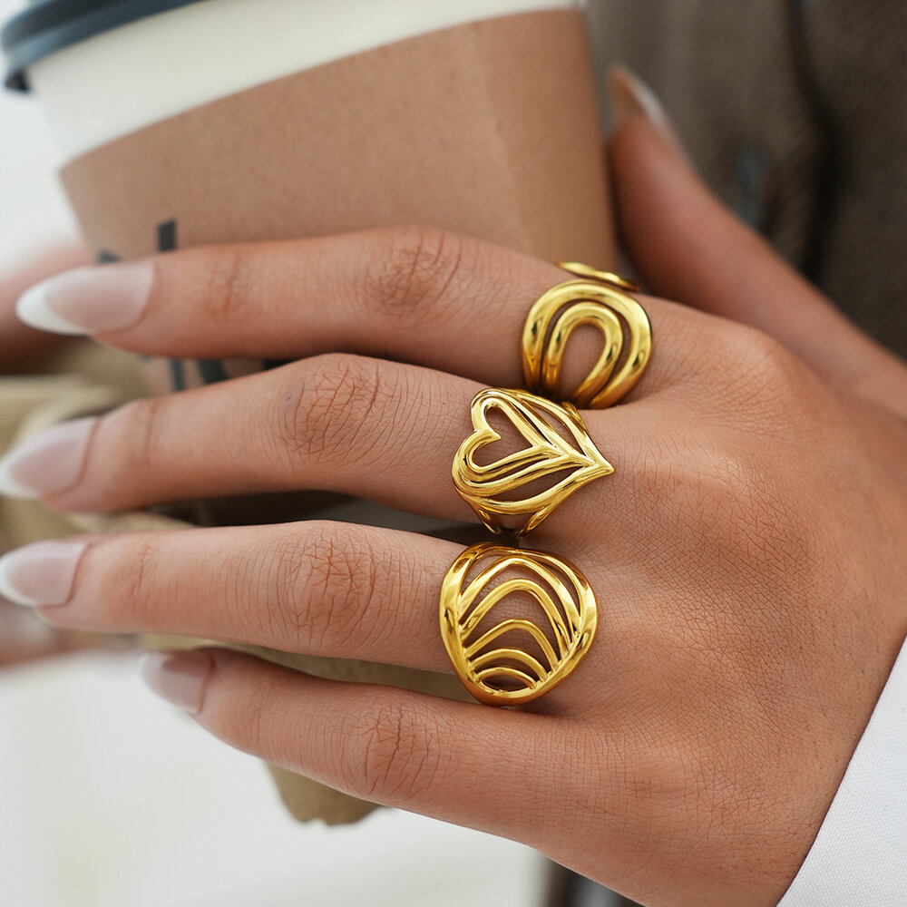 Daily Irregular Shape Lines Stainless Steel Waterproof Gold Color Ring Sets Picture2