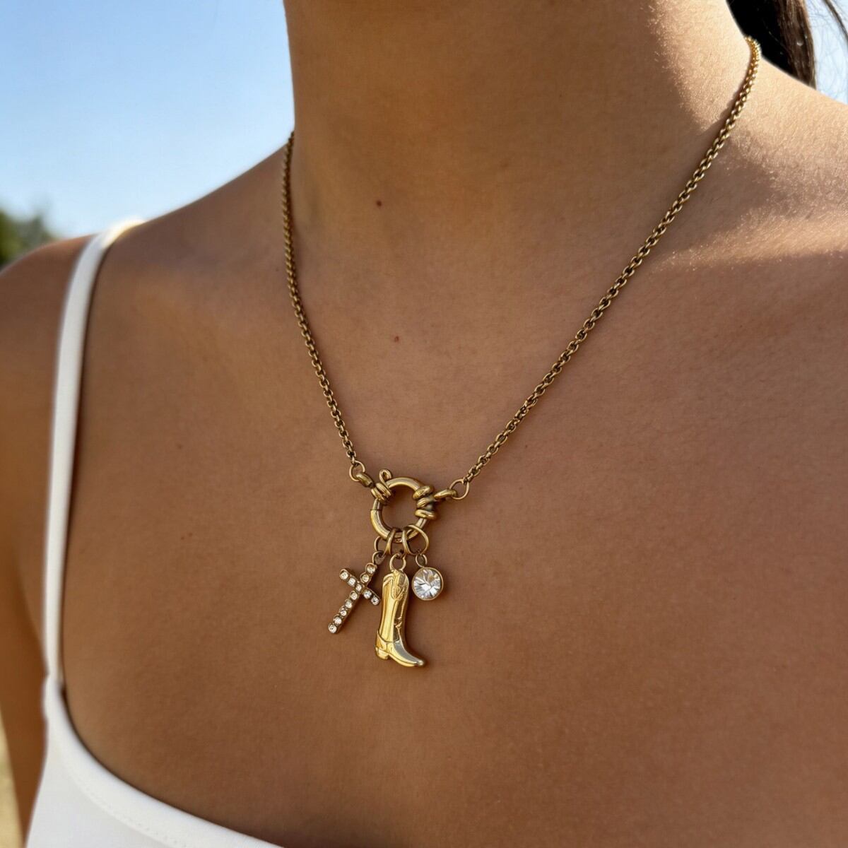 Cross Rhinestone Stainless Steel Waterproof Gold Color Pendant Necklace 2