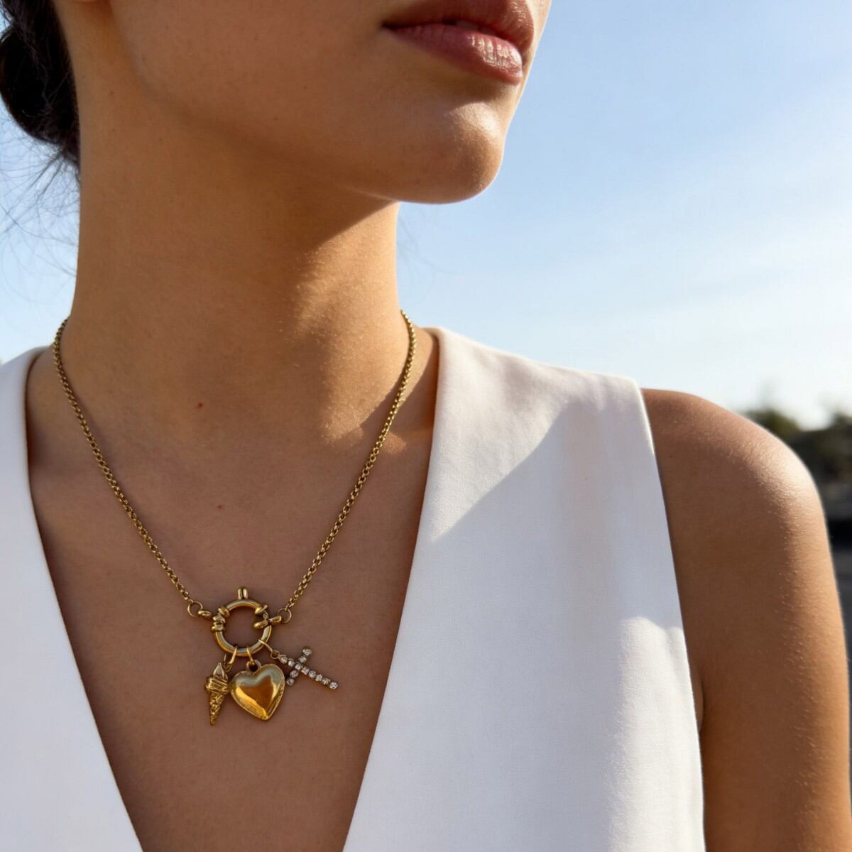 Stainless Steel Waterproof Gold Color Heart & Cross Pendant Necklace 2