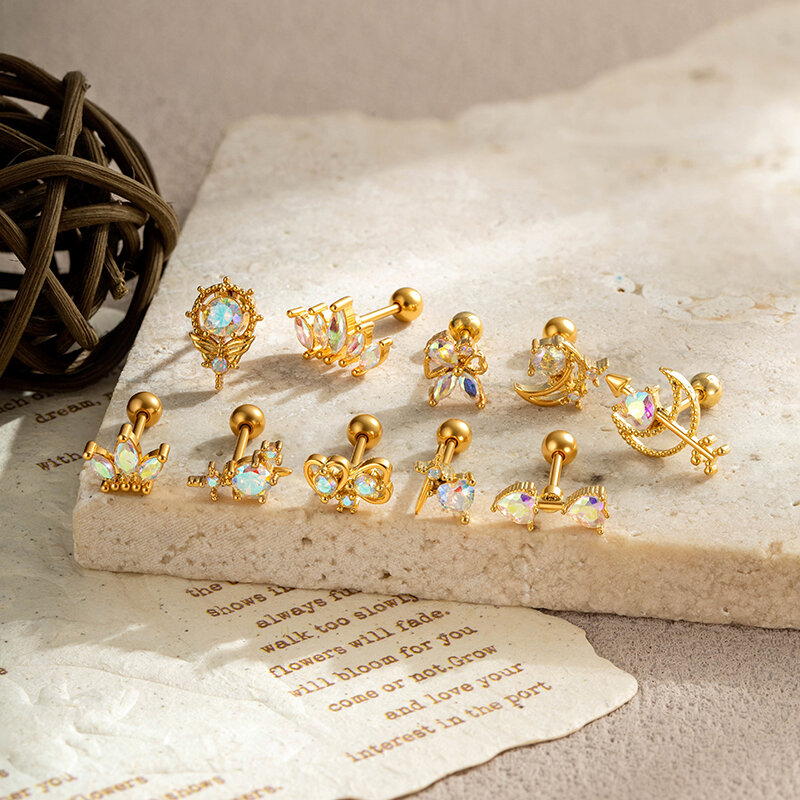 Polychrome Heart Copper Gold Color Zircon Women's Piercing Earrings