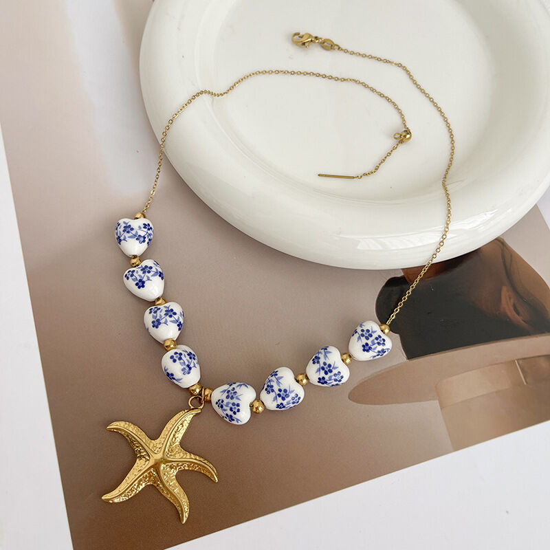 Retro Ceramic Heart Pendant Necklace 