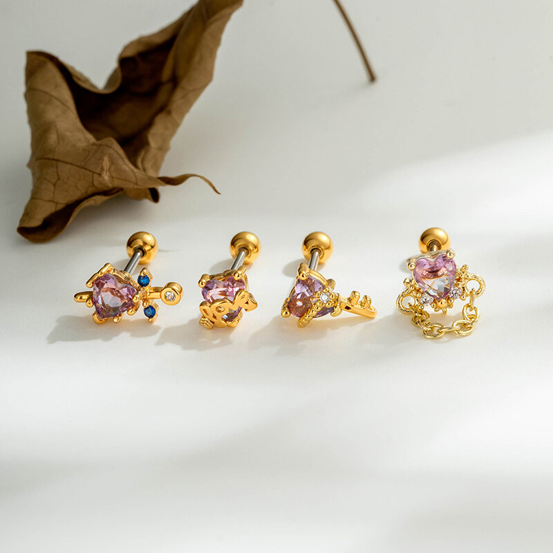 Pink Zircon Heart Copper Gold Color Women's Piercing Earrings Picture4