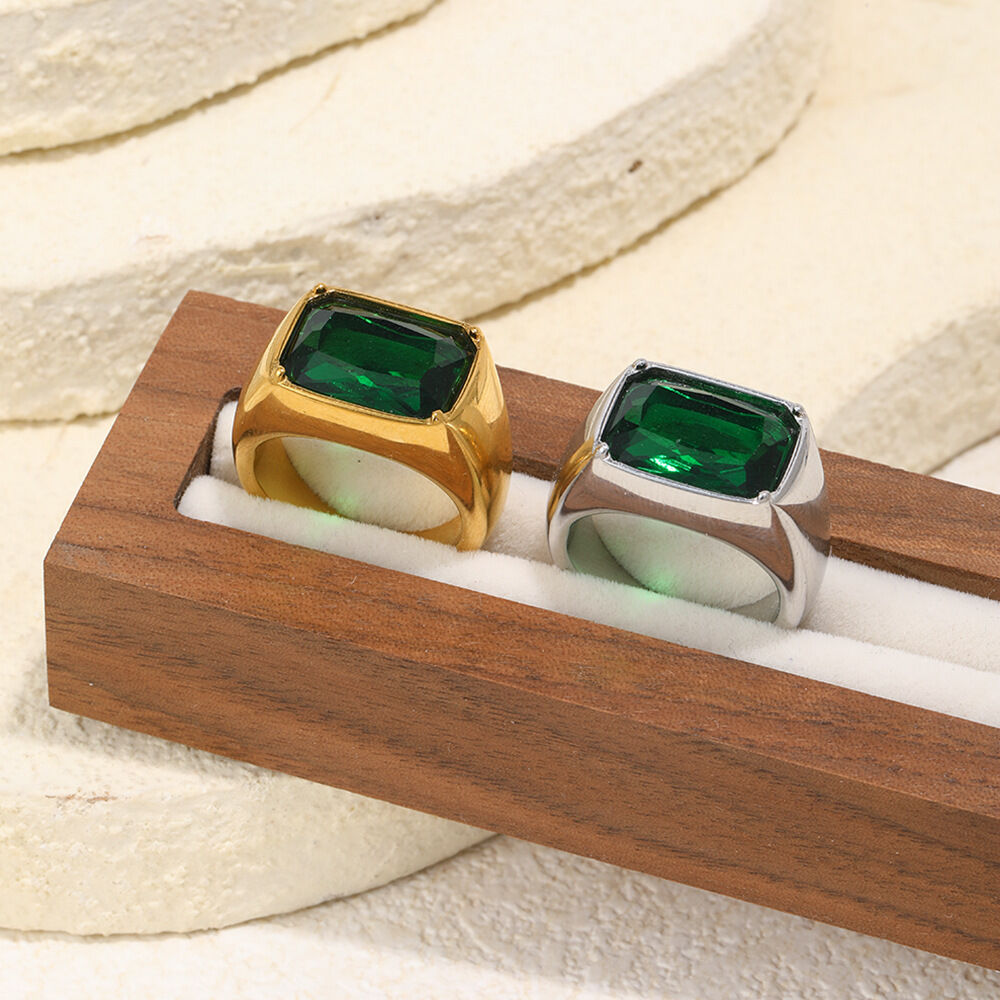 Square Emerald Zircon Stainless Steel Waterproof Ring