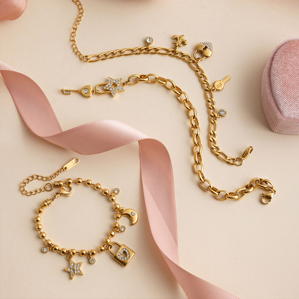 Braccialetti con ciondoli da donna in acciaio inossidabile color oro, impermeabili e anti-ossidazione, con chiave e lucchetto h5Immagine3