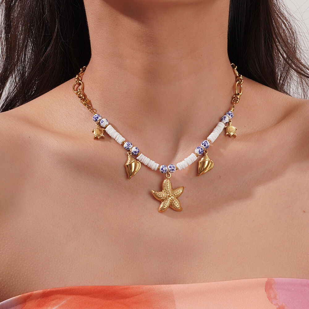 Retro Heart Porcelain Titanium Steel Gold Color Women's Beaded Necklaces Picture5