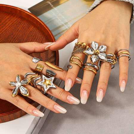 Mixed Color Flower Stainless Steel Waterproof Statement Ring