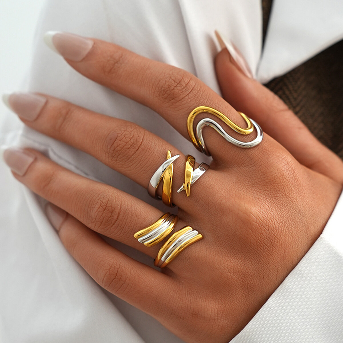 Simple Series Daily Irregular Shape Stripe Lines Stainless Steel Waterproof   Gold Color  Ring