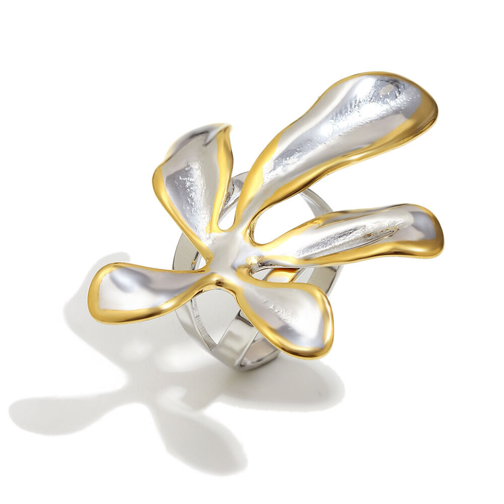 Flower Shape Gold and Silver Color Stainless Steel Waterproof Statement Ring h5 