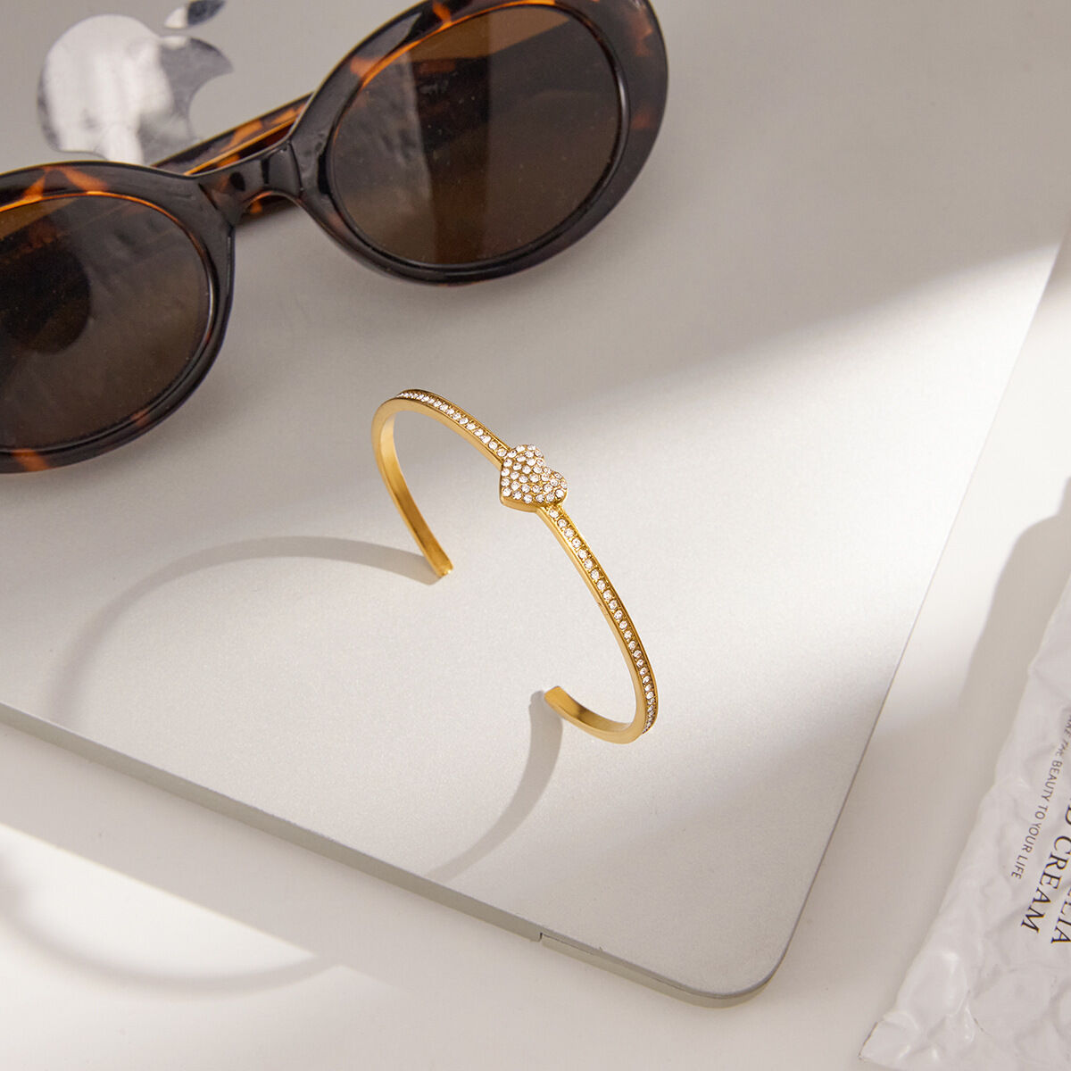 Delicate Heart Stainless Steel Waterproof&Anti-tarnish Gold Color Women's Cuff Bracelets h5 Picture5