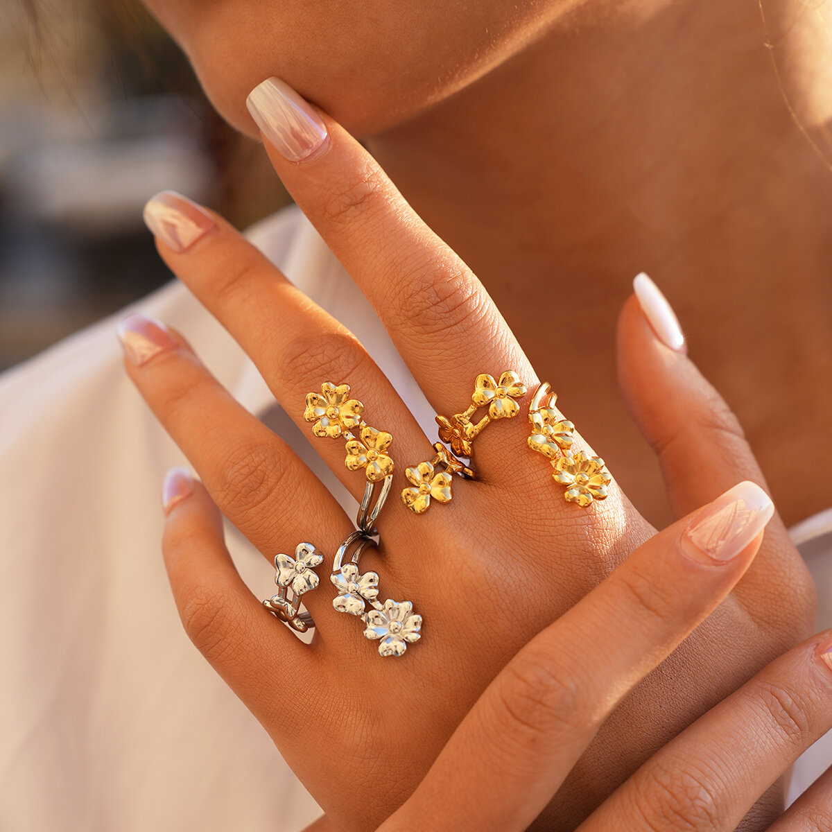 Simple Series Daily Flower Stainless Steel Waterproof   Gold Color  Statement Rings 2