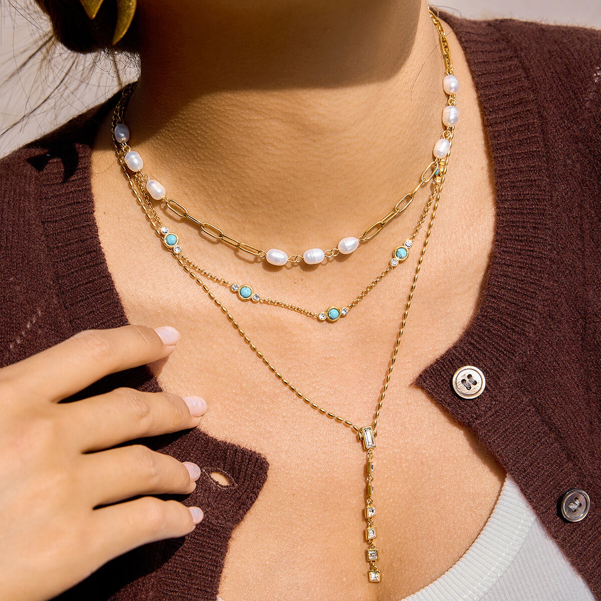 Shimmering Turquoise Stainless Steel Waterproof Gold Color Women's Chain Necklaces 2