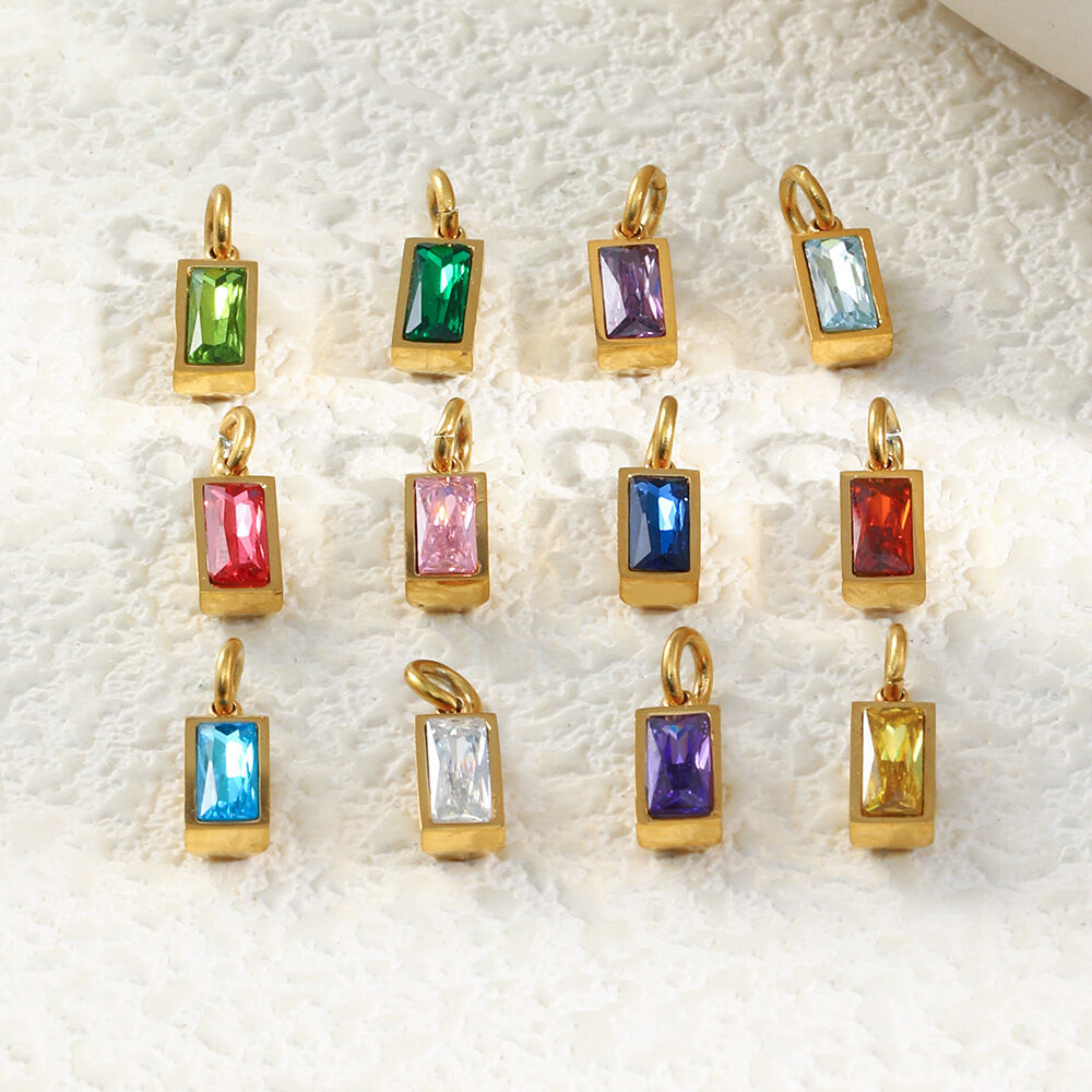Colgante de acero inoxidable rectangular con piedra natal de doce meses, resistente al agua, DIY