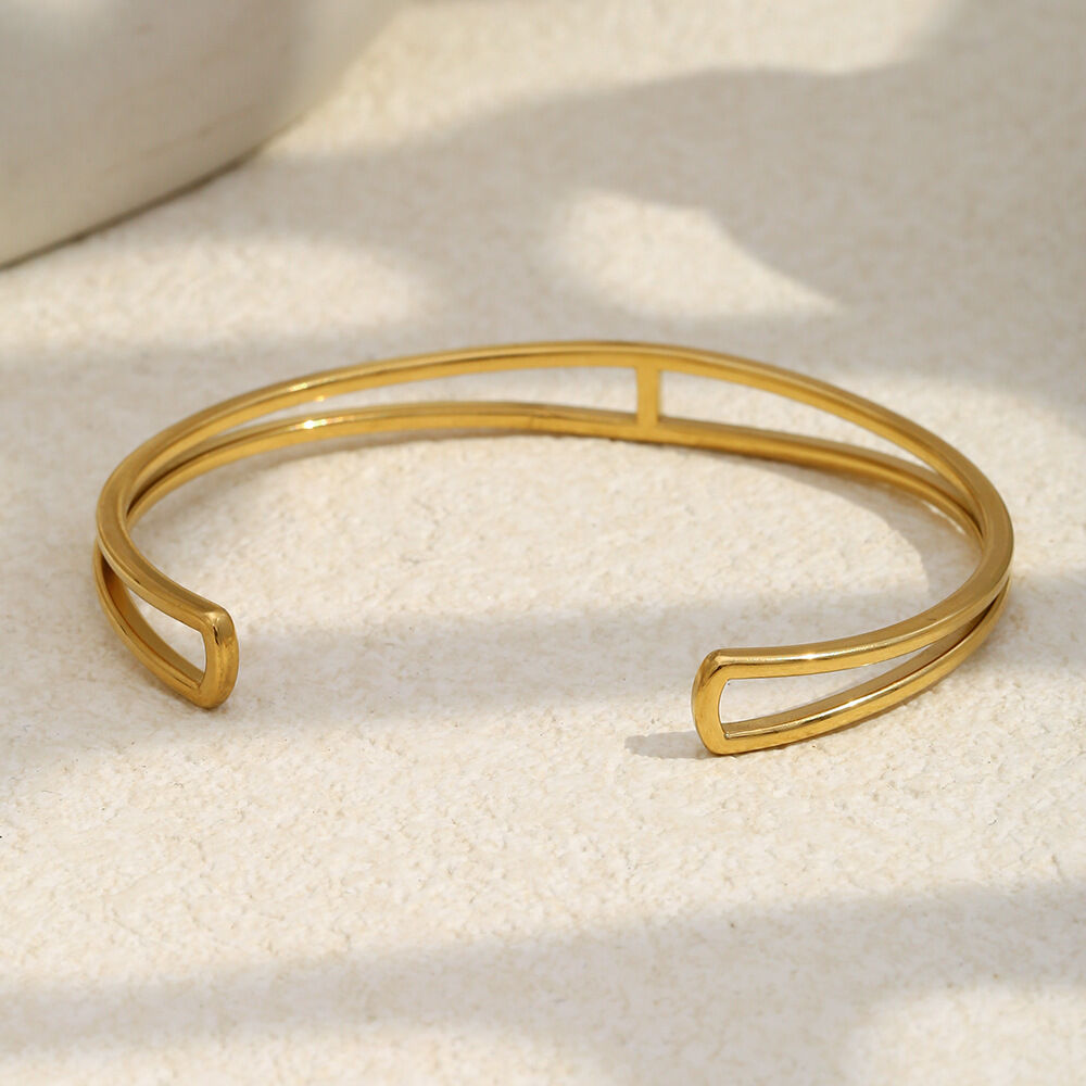 Double-layered Line Shape Stainless Steel Waterproof Gold Color Cuff Bracelet h5 Picture3