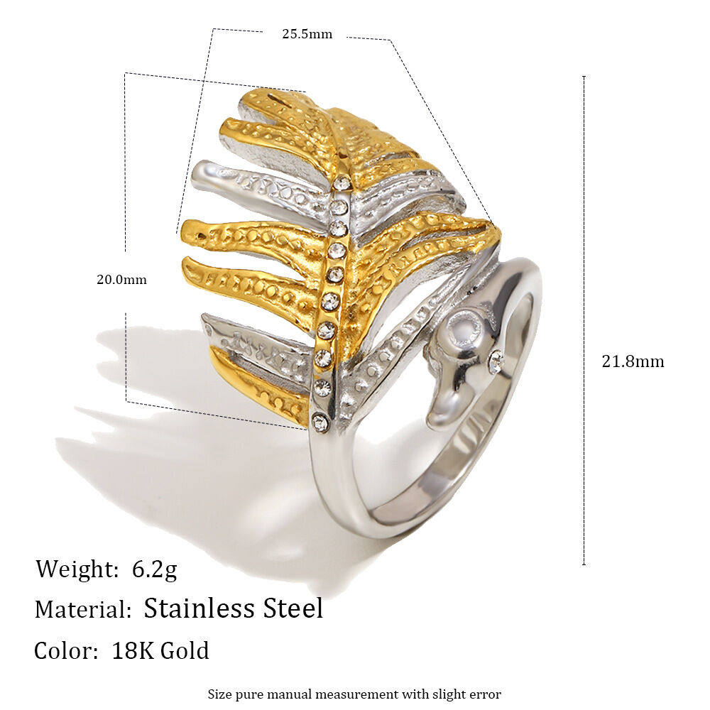 Leaf Shape Gold and Silver Color Stainless Steel Waterproof Statement Ring h5 Picture4