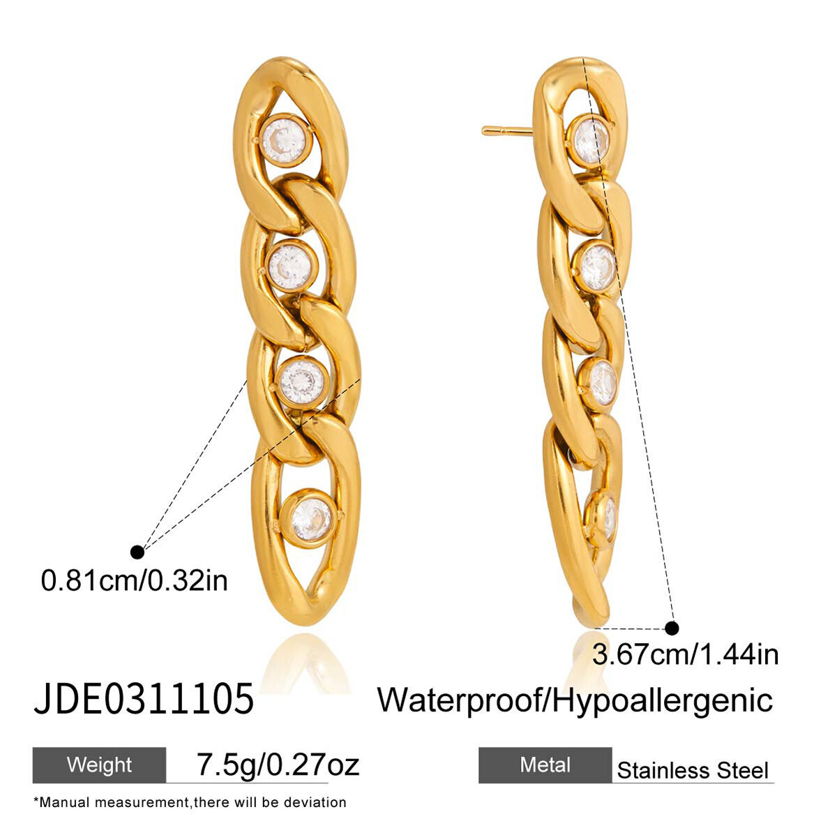 Modern Chain Stainless Steel Waterproof Gold Color Women's Dangle Earrings