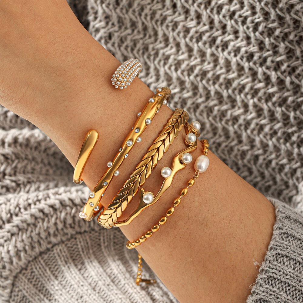 Elegant Stainless Steel Waterproof Gold Color Pearl Women's Bangles h5Picture4