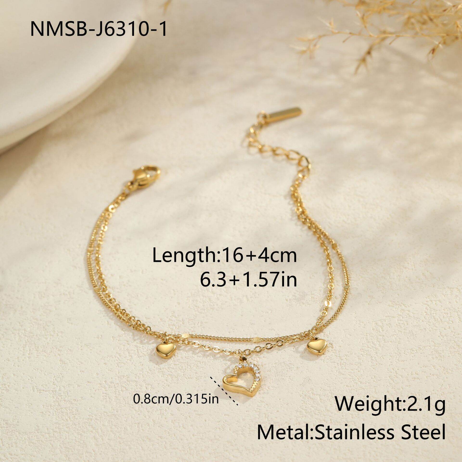 Einfaches herzförmiges Armband aus Edelstahl, wasserdicht, mit 18-karätigem Goldrand 