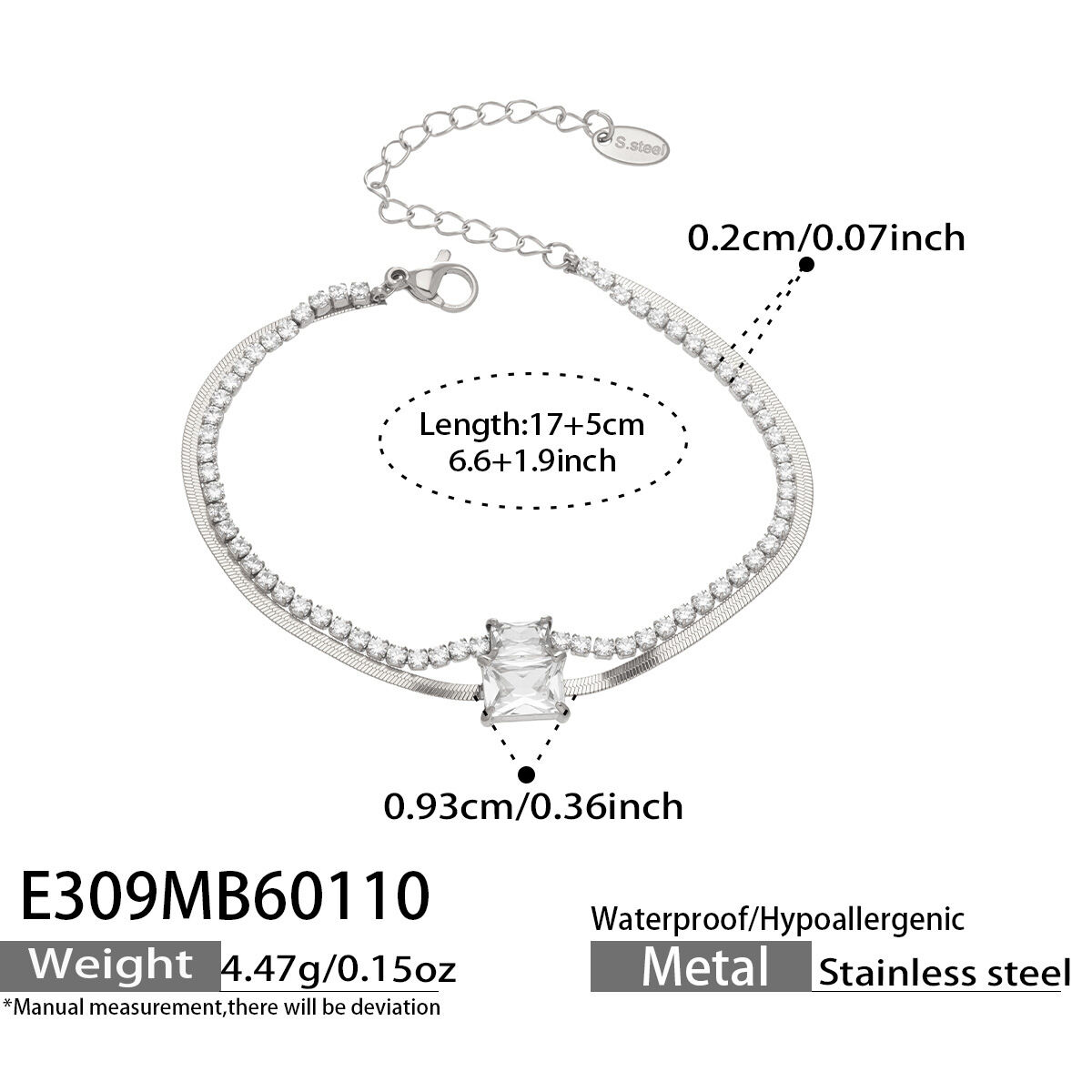 E309 – Armband aus stahlfarbenem, weißem Zirkonia, 17 + 5 cm Bild8