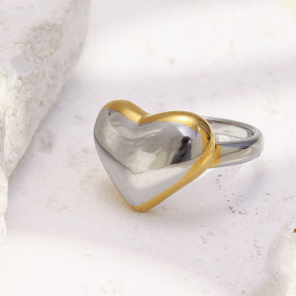 Heart Shape Gold and Silver Color Stainless Steel Waterproof Statement Ring h5 Picture2