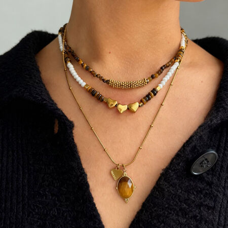 Stainless Steel Waterproof Gold Color Heart Crystal & Natural Stone Beads Necklace