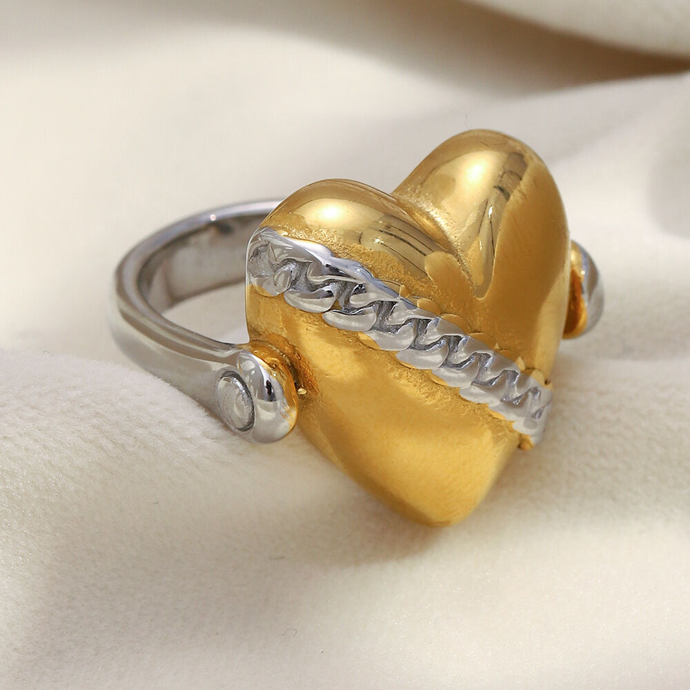 Herzförmiger, wasserdichter Statement-Ring aus Edelstahl in Gold- und Silberfarbe