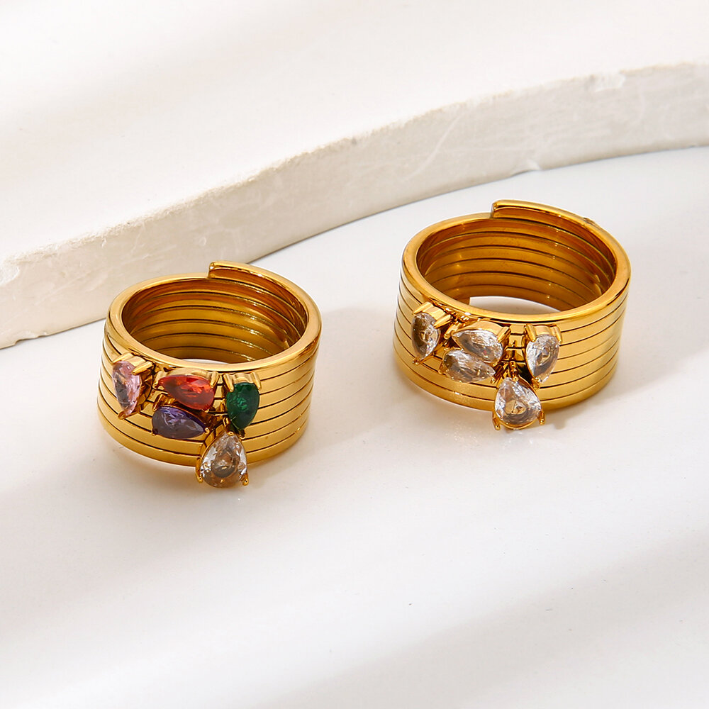 Luxuriöse Serie: Elegante, tropfenförmige Statement-Ringe aus wasserdichtem Edelstahl in Goldfarbe mit Zirkonia