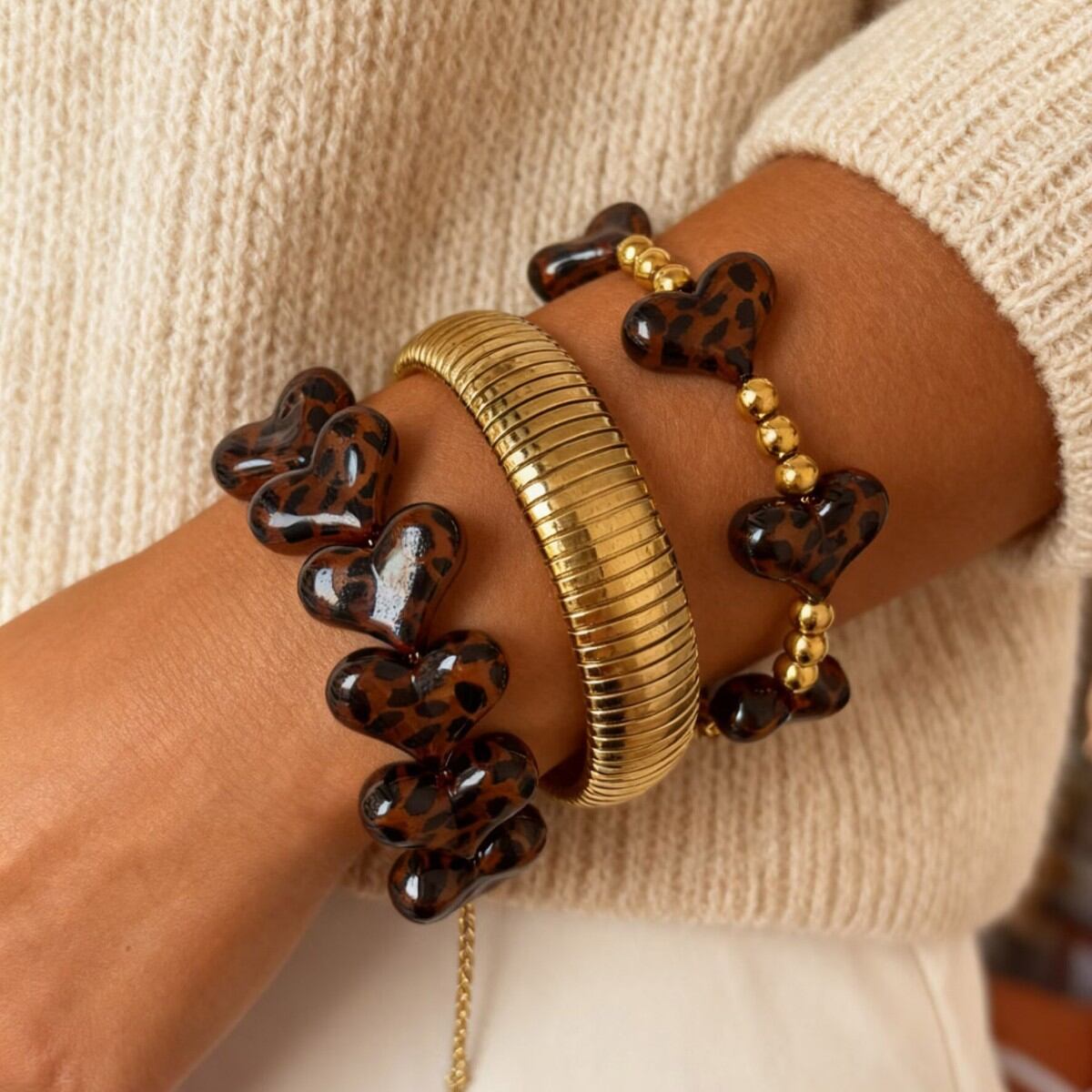 Leopard Heart Resin Beads Gold Color Bracelet