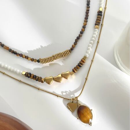 Stainless Steel Waterproof Gold Color Heart Crystal & Natural Stone Beads Necklace 2