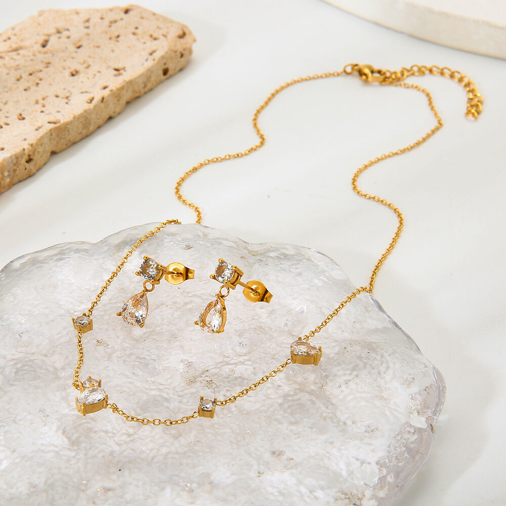 Romantic Series Elegant Droplet Stainless Steel Waterproof   Gold Color  Zircon Women's Jewelry Sets