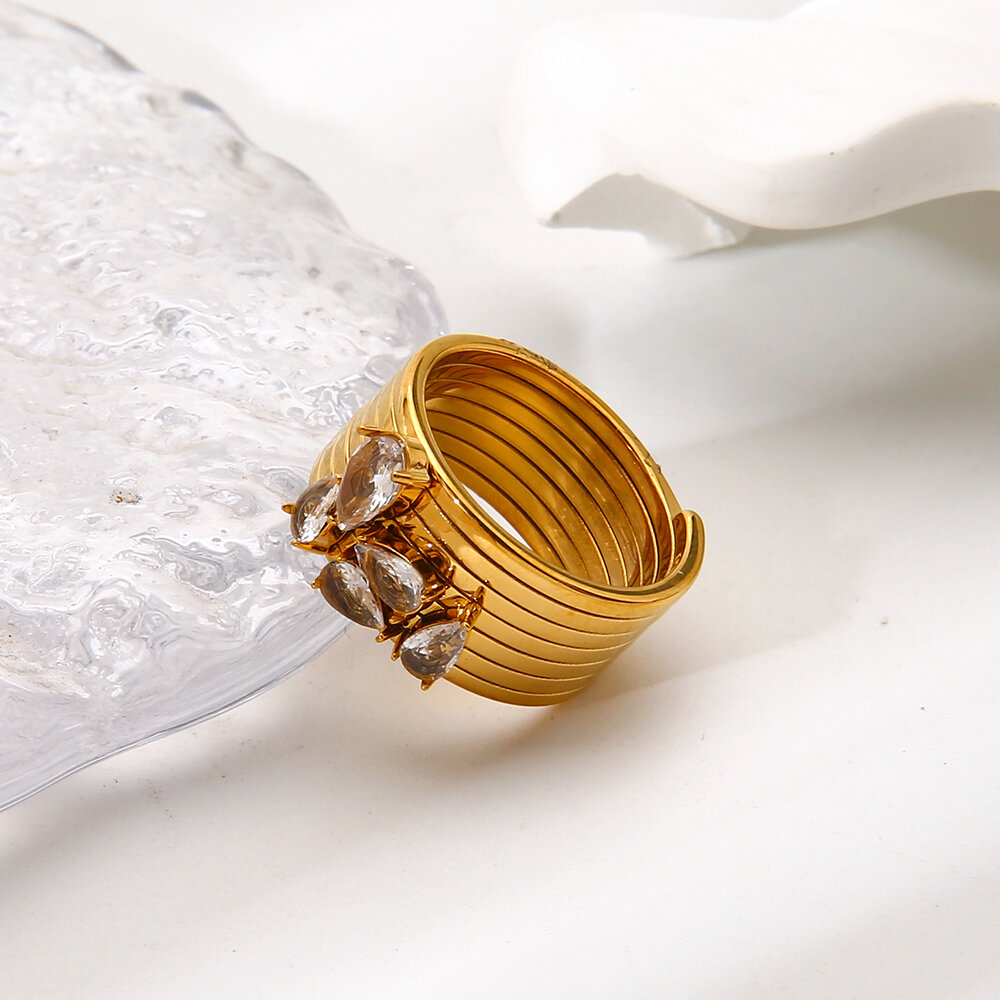 Luxurious Series Elegant Droplet Stainless Steel Waterproof Gold Color Zircon Statement Rings h5 Picture5