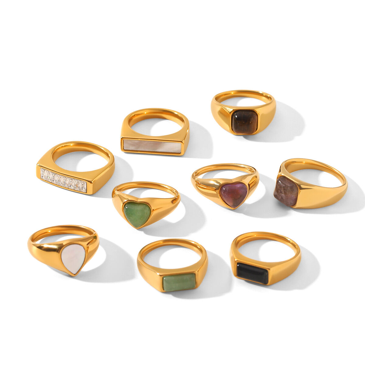Heart Stainless Steel Waterproof Gold Color Natural Stone Gemstone Ring h5 Picture6