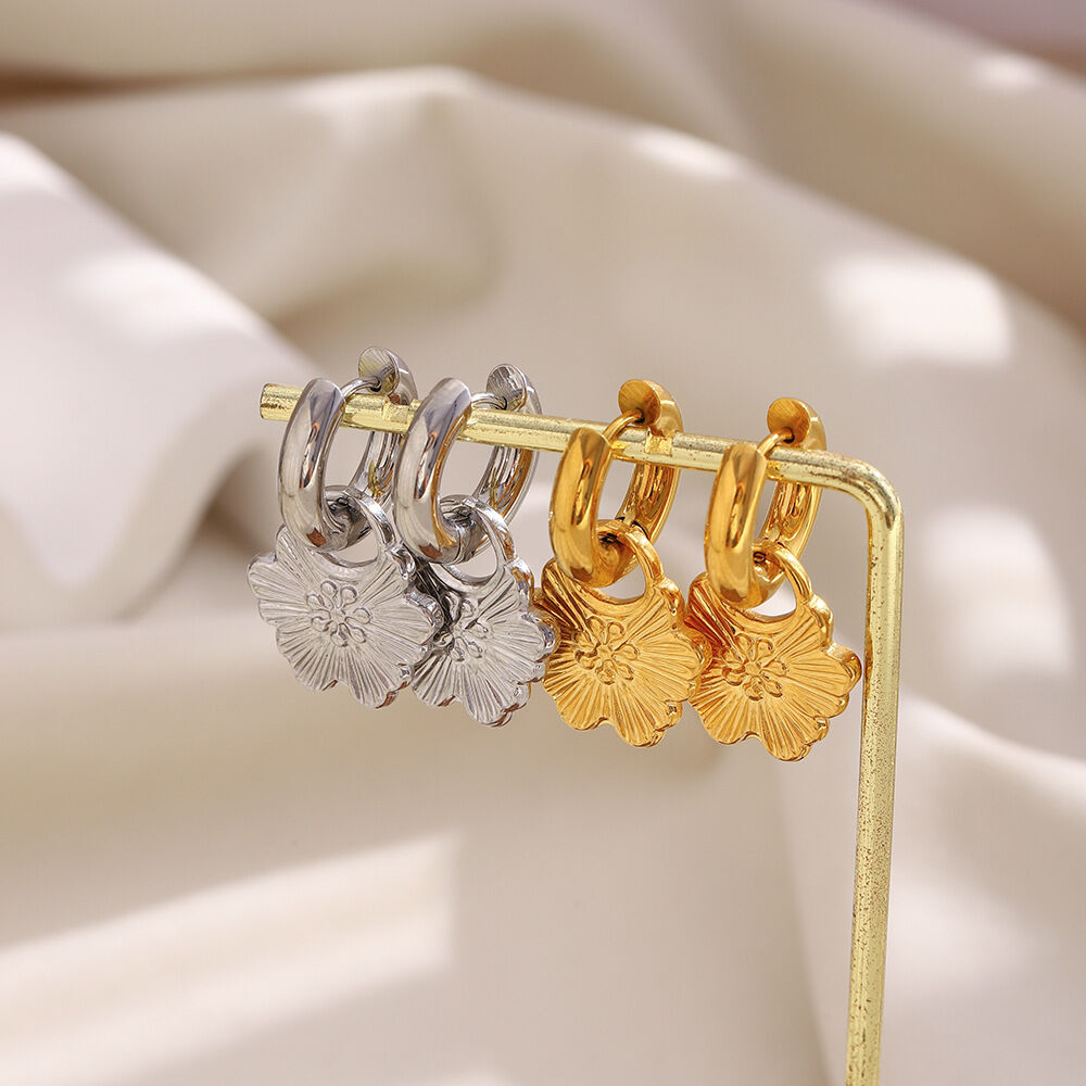 Flower Shape Stainless Steel Waterproof Gold Color Drop Earrings 2