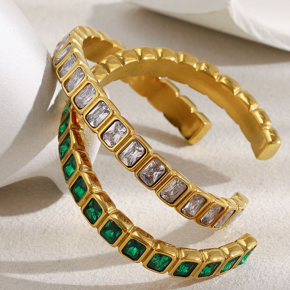 Luxury Zircon Stainless Steel Waterproof Gold Color Cuff Bracelet h5 Picture3