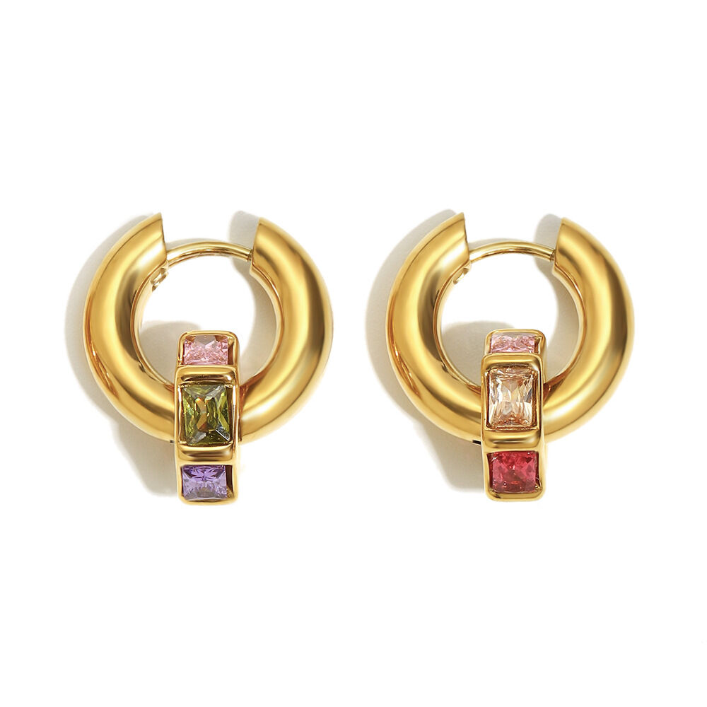Waterproof Stainless Steel Gold Color  Colored Zircon Drop Earrings 